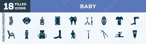 set of baby icons in filled style. baby editable glyph icons collection. orthopedics, baby boy, glucometer, bedpan, orthodontic vector.