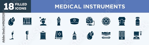 set of medical instruments icons in filled style. medical instruments editable glyph icons collection. type a, momentum, hair wash, baby powder, doctor cap vector.
