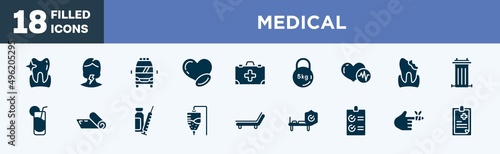 set of medical icons in filled style. medical editable glyph icons collection. whitening, sore throat, frontal ambulance, medicine for heart, medicine kit with first aid vector.