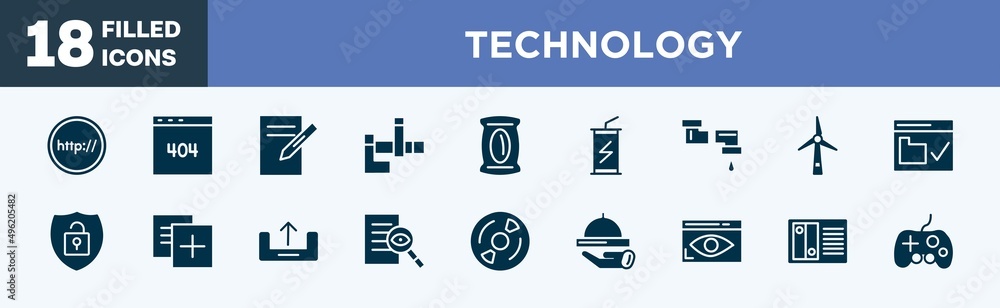 set of technology icons in filled style. technology editable glyph icons collection. http, error 404, text editor, , pack vector. set of technology icons in filled style. technology editable glyph icons collection. http, error 404, text editor, , pack vector.
