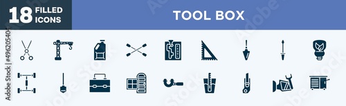 set of tool box icons in filled style. tool box editable glyph icons collection. shears  lifter  jerrycan  lug wrench  automatic transmission vector.