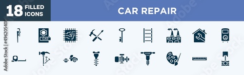 set of car repair icons in filled style. car repair editable glyph icons collection. stillson wrench, cad, motherboard lines, repair tools cross, antique key vector.