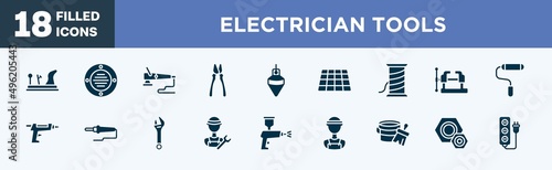 set of electrician tools icons in filled style. electrician tools editable glyph icons collection. wood plane, extractor, polisher, clamps, plumb bob vector.