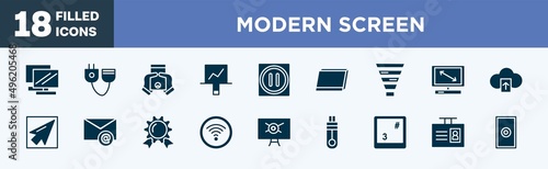 set of modern screen icons in filled style. modern screen editable glyph icons collection. notebook double tool image, plug connector, grip between hands, screen canvas, pause vector.