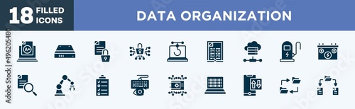 set of data organization icons in filled style. data organization editable glyph icons collection. grades, hard drive, encrypted data, cyber security, phishing vector.