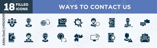 set of ways to contact us icons in filled style. ways to contact us editable glyph icons collection. technical support team, call centre, technical support, email on computer, support tools vector.