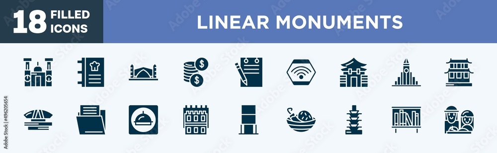 set of linear monuments icons in filled style. linear monuments editable glyph icons collection. cathedral of morelia, cookbook, stari most, dollar coins, padnote vector. set of linear monuments icons in filled style. linear monuments editable glyph icons collection. cathedral of morelia, cookbook, stari most, dollar coins, padnote vector.