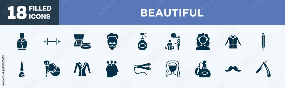 set of beautiful icons in filled style. beautiful editable glyph icons collection. small perfume bottle, weightlift, cosmetics products, man with goatbeard, hair spray bottle vector. set of beautiful icons in filled style. beautiful editable glyph icons collection. small perfume bottle, weightlift, cosmetics products, man with goatbeard, hair spray bottle vector.
