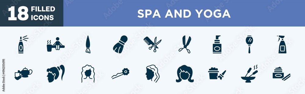 set of spa and yoga icons in filled style. spa and yoga editable glyph icons collection. hairspray, sauna, angle brush, shaving brush, hairdresser with comb and scissors vector. set of spa and yoga icons in filled style. spa and yoga editable glyph icons collection. hairspray, sauna, angle brush, shaving brush, hairdresser with comb and scissors vector.