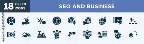 set of seo and business icons in filled style. seo and business editable glyph icons collection. allocation, stock market, marijuana, pound sterling, cryptocurrency vector.