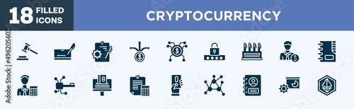 set of cryptocurrency icons in filled style. cryptocurrency editable glyph icons collection. bid, cryptographic, instructions, pathway, spreading vector.