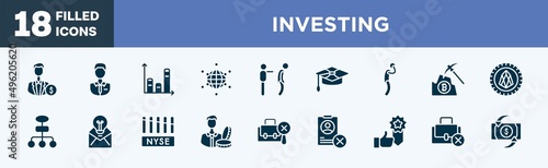 set of investing icons in filled style. investing editable glyph icons collection. investors, shop assistant, bars, free trade, fired vector.