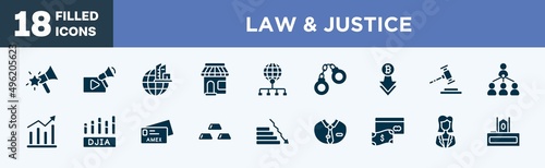 set of law & justice icons in filled style. law & justice editable glyph icons collection. favourites, video marketing, headquarters, convenience store, distribute vector.