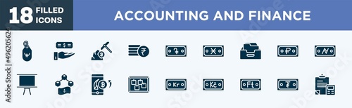 set of accounting and finance icons in filled style. accounting and finance editable glyph icons collection. euro tag, earnings, pickaxe, rupees, dram vector.