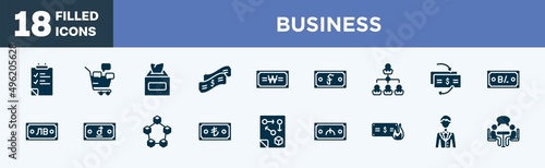 set of business icons in filled style. business editable glyph icons collection. to do list, social marketing, tissue box, dollar bill, won vector.