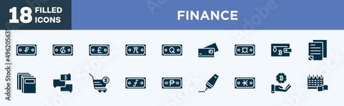 set of finance icons in filled style. finance editable glyph icons collection. swiss franc, guarani, franc, new taiwan dollar, quetzal vector.