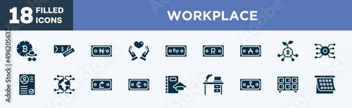 set of workplace icons in filled style. workplace editable glyph icons collection. incognito, fake money, naira, solidarity, indonesian rupiah vector.
