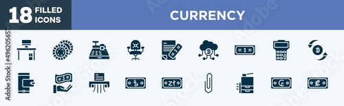 set of currency icons in filled style. currency editable glyph icons collection. personal computer, poker chip, cash register, desk chair, bank statement vector.