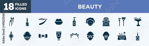 set of beauty icons in filled style. beauty editable glyph icons collection. manicure, lipstick cosmetic, barber knife, big lips, soap for hands vector.