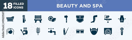 set of beauty and spa icons in filled style. beauty and spa editable glyph icons collection. bathtube, nail clippers, wooden chair, lemon slice, ax vector.