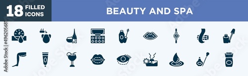 set of beauty and spa icons in filled style. beauty and spa editable glyph icons collection. hydrometer, hair transplant, dye, eyeshadow, mascara vector.