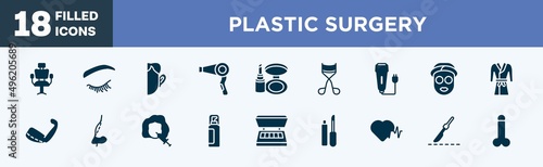 set of plastic surgery icons in filled style. plastic surgery editable glyph icons collection. hairdresser chair, eyelash, otoplasty, hairdryer, make up kit vector.