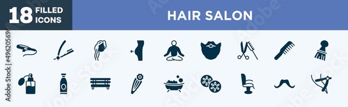 set of hair salon icons in filled style. hair salon editable glyph icons collection. curler, razor hair salon tool, woman with long liposuction, lotus position vector.