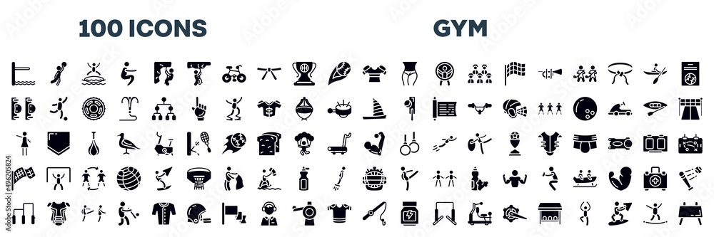 set of gym icons in filled style. editable glyph icons collection. diving board, team player, blobbing, squat, abseiling, rappel stock vector. set of gym icons in filled style. editable glyph icons collection. diving board, team player, blobbing, squat, abseiling, rappel stock vector.