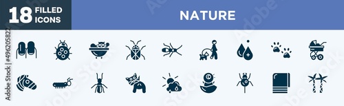 set of nature icons in filled style. nature editable glyph icons collection. nails, ladybug, cat bath, beetle, earwig vector.