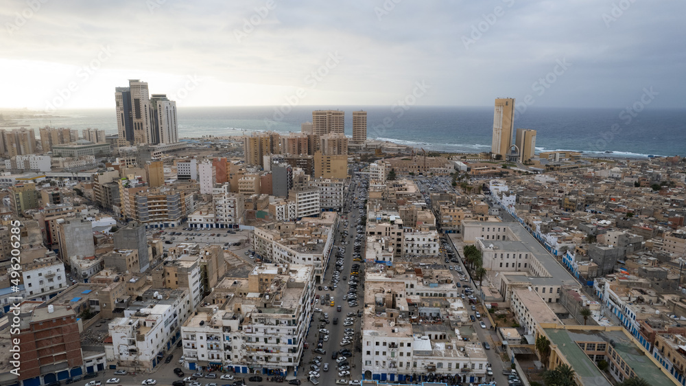 December 30, 2021: Capital of Libya, Tripoli seafront skyline view. December 30, 2021: Capital of Libya, Tripoli seafront skyline view.