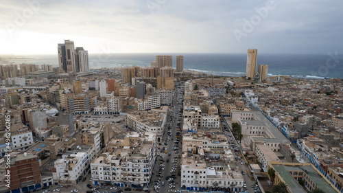 December 30, 2021: Capital of Libya, Tripoli seafront skyline view.