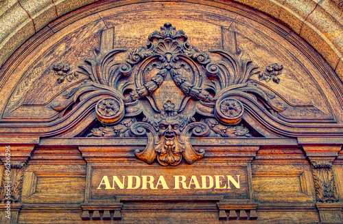  Decorative sculpture above entrance door in to the Stockholm Opera building in Stockholm  Sweden.