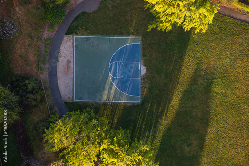 Aerial view of half court basketball court. 