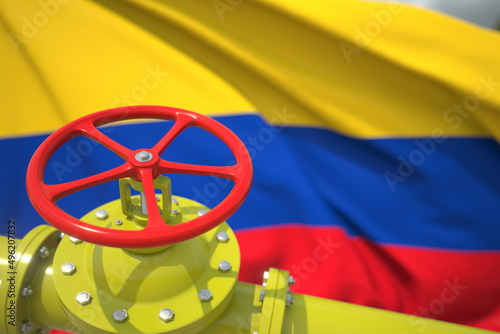 Pipe valve close-up and flag of Colombia, 3d rendering