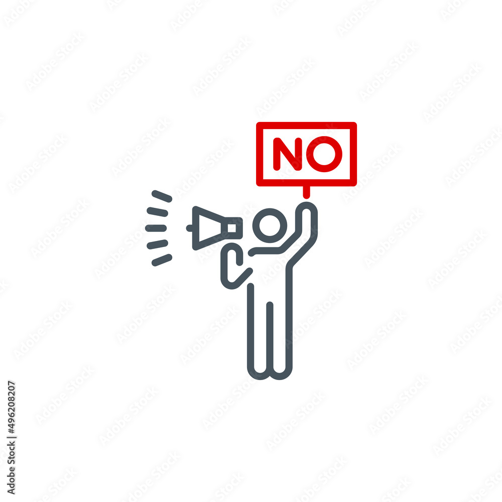 alone protester men with megaphone and poster no war single line icon isolated on white. Perfect outline symbol public demonstration strike. protester activist design element with editable Stroke line alone protester men with megaphone and poster no war single line icon isolated on white. Perfect outline symbol public demonstration strike. protester activist design element with editable Stroke line
