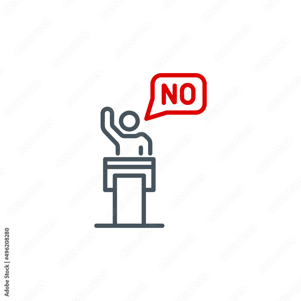 Politicians speaker protests from rostrum with raised hand single line icon isolated on white. Perfect outline symbol leader speak from tribune. design element speaker orator on podium editable Stroke Politicians speaker protests from rostrum with raised hand single line icon isolated on white. Perfect outline symbol leader speak from tribune. design element speaker orator on podium editable Stroke