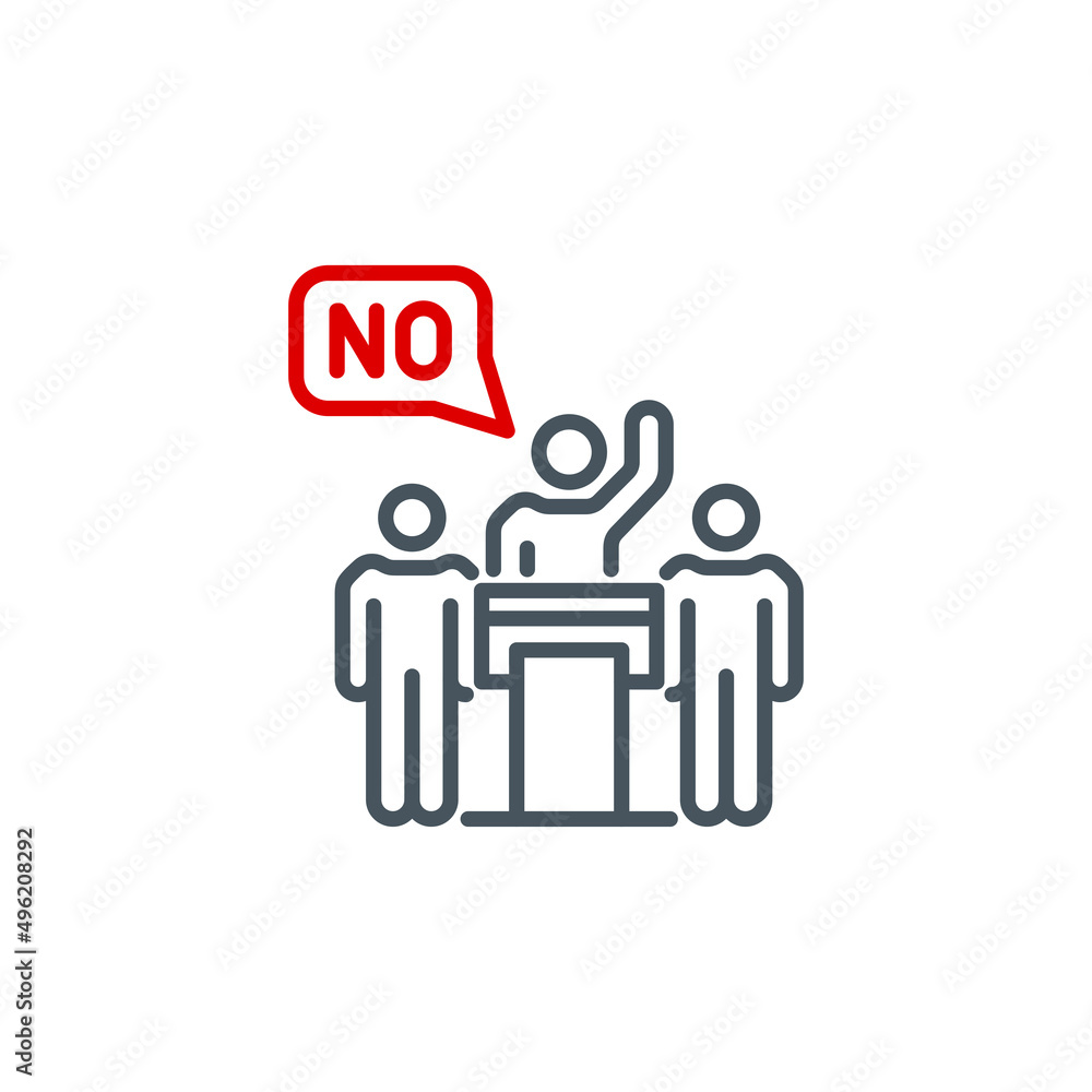 Politicians speaker protests from rostrum with raised hand single line icon isolated on white. Perfect outline symbol leader speak from tribune. design element speaker orator on podium editable Stroke Politicians speaker protests from rostrum with raised hand single line icon isolated on white. Perfect outline symbol leader speak from tribune. design element speaker orator on podium editable Stroke