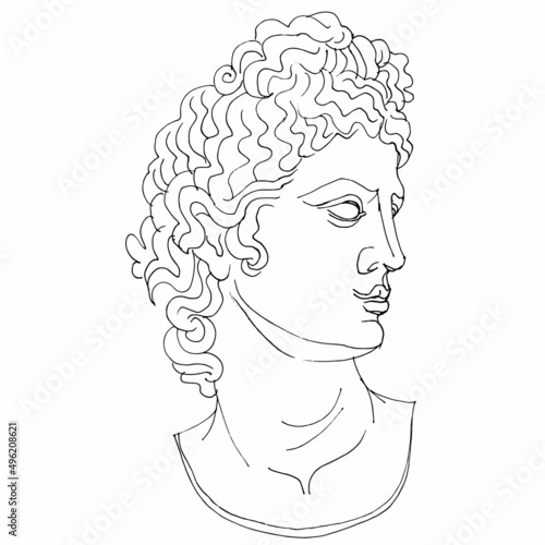 Outline vector illustration of Apollo Belvedere. Black and white line art of antique sculpture