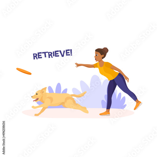 Vector illustration in cartoon style isolated on white background. Dark skinned girl training labrador retriever i in the park. Retrieve command