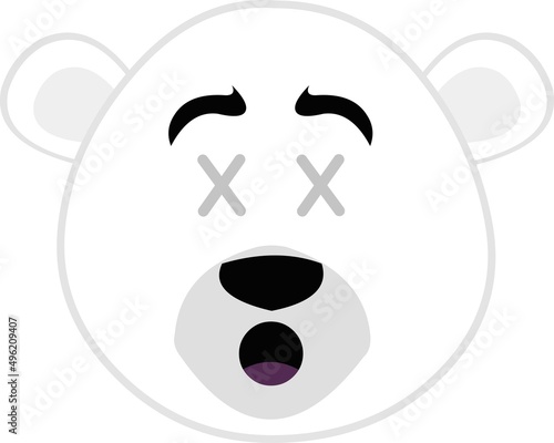 Vector illustration of the face of a cartoon polar bear with crosses in the eyes in concept of dead or death