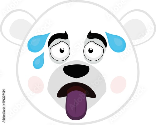 Vector illustration of the face of a cartoon polar bear with an exhausted expression, tongue sticking out and beads of sweat on his head