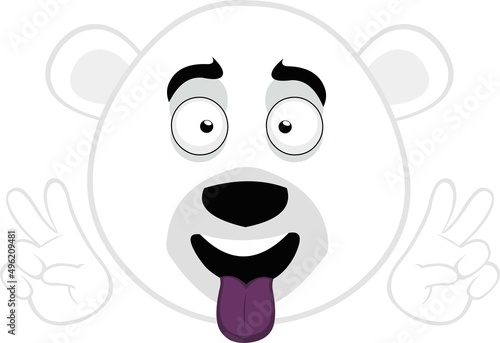 Vector illustration of the face of a cartoon polar bear, with his tongue out, making the classic gesture of love and peace or v victory with his hands