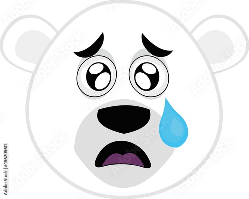 Vector illustration of a cartoon polar bear face with a sad expression and a tear falling from his eye