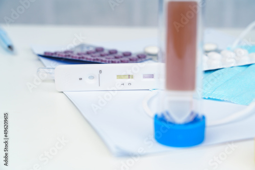 Fototapeta Naklejka Na Ścianę i Meble -  Coronavirus Covid 19 Anti body at home test . Rapid antigen test   COVID 19 testing. Face masks  and pills.