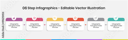 6 Steps Infographics Design Template - Graph, Pie chart, workflow layout, squire diagram, brochure, report, presentation, web design. Editable Vector illustration