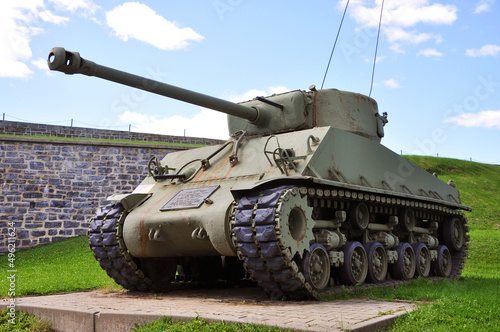 WWII M4 Sherman Tank at La Citadelle of Quebec National Historic Site in Old Quebec City, Quebec QC, Canada. The fortress is in Historic District of Old Quebec World Heritage Site.  photo