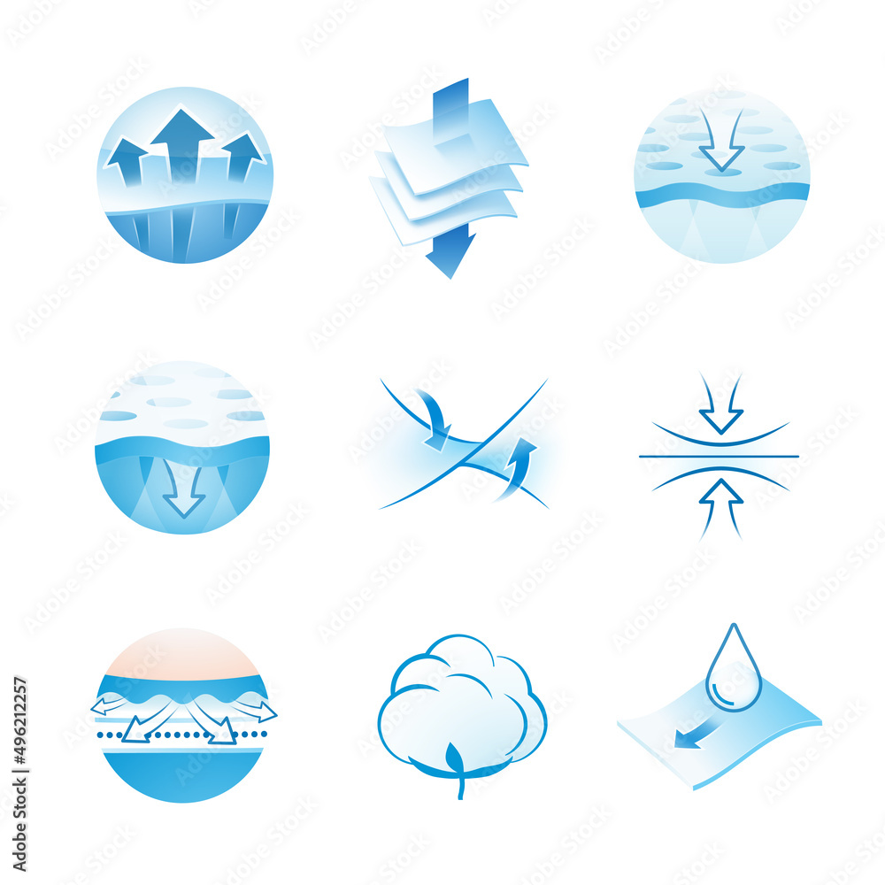 A set of icons for the absorbent material. Perfect for feminine pads, baby diapers, tissues, etc. EPS10. A set of icons for the absorbent material. Perfect for feminine pads, baby diapers, tissues, etc. EPS10.