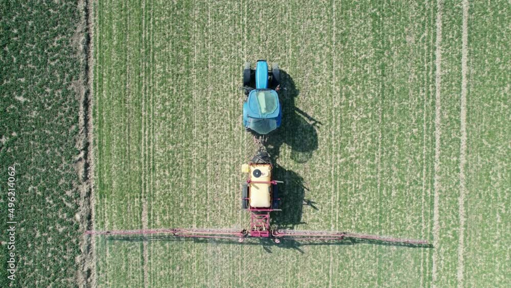 The tractor is spraying pests in early spring. A machine for spraying weeds in a grain field.