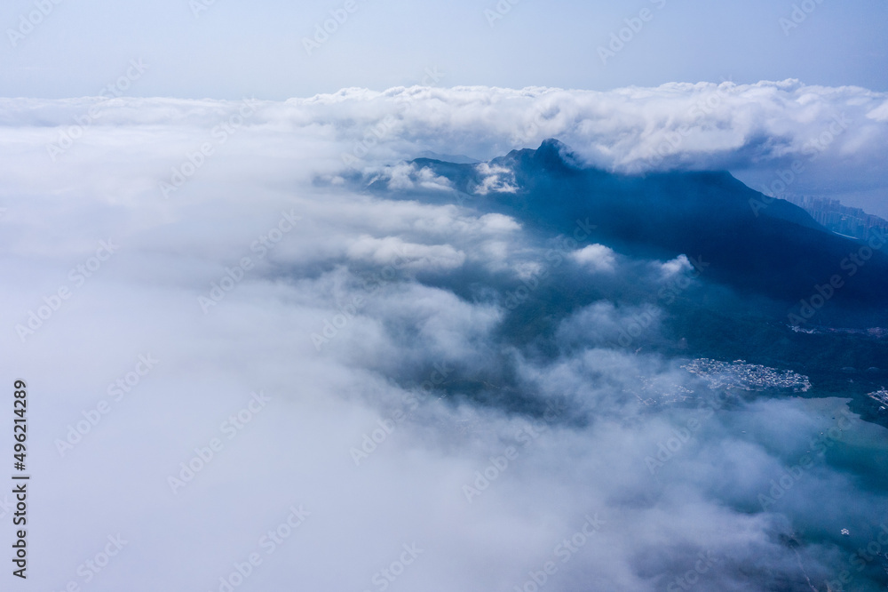 Drone view of cloudscape over the cloud, Ma On Shan, mountains in East Hong Kong