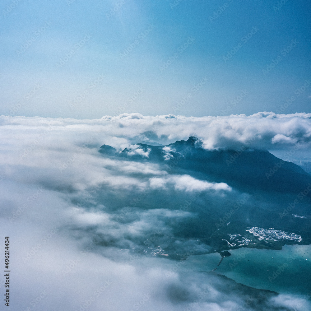 Aerial view of countryside landscape in a foggy day. Sai Kung, Hong Kong